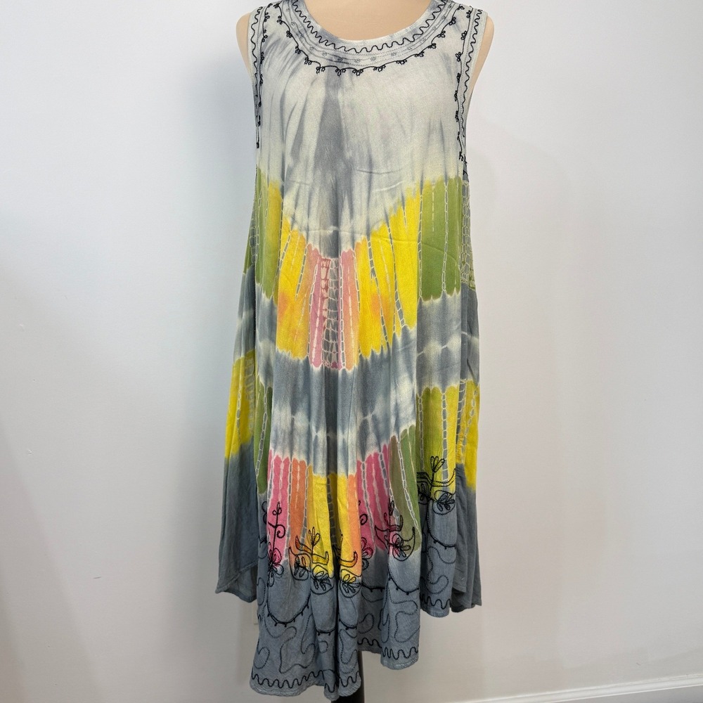 Jessica Taylor Tie Dye Embroidered Tank Dress Free Size  Boho‎ Hippie Flowy